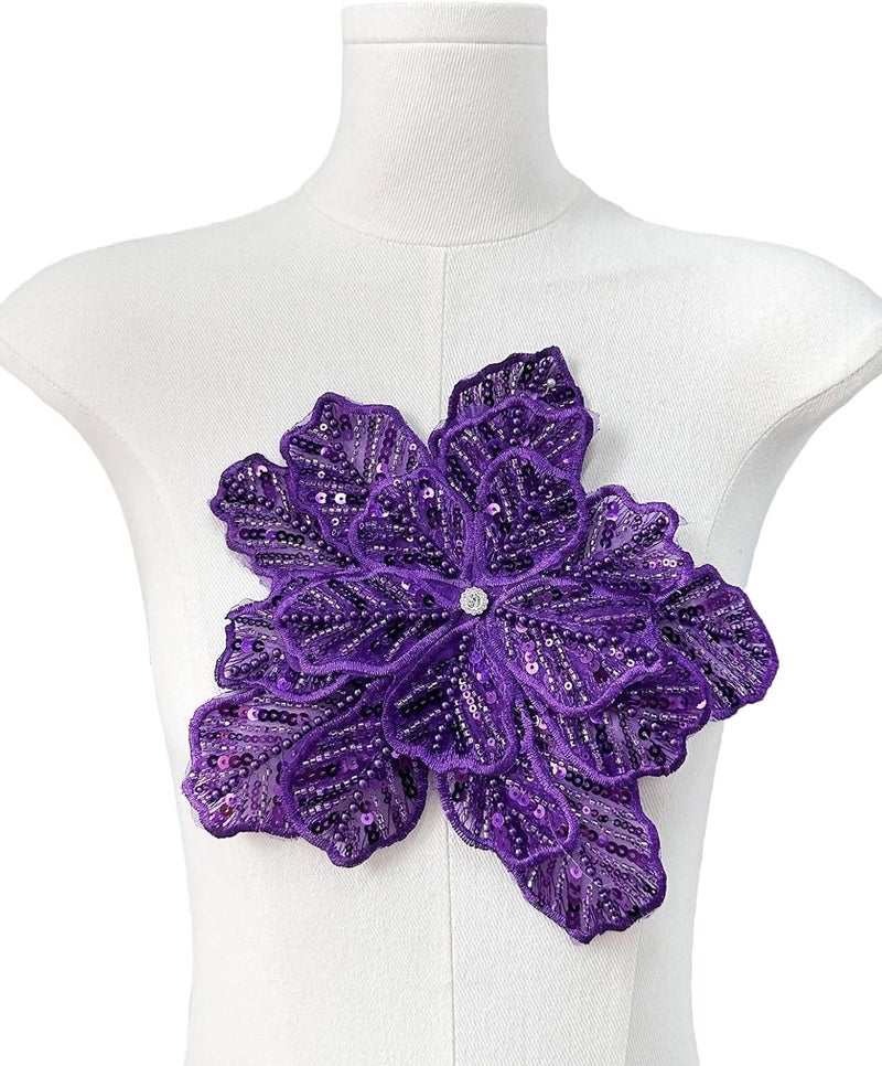 SAIXCCS 1pc Handmade Large Flower Rhinestone Applique for Clothes, Sparkly Sequin Beaded Patches for Wedding Dress, Embroidery Lace Sewing Patches for Bodice Hat Jean Jacket (Purple) - Image 2